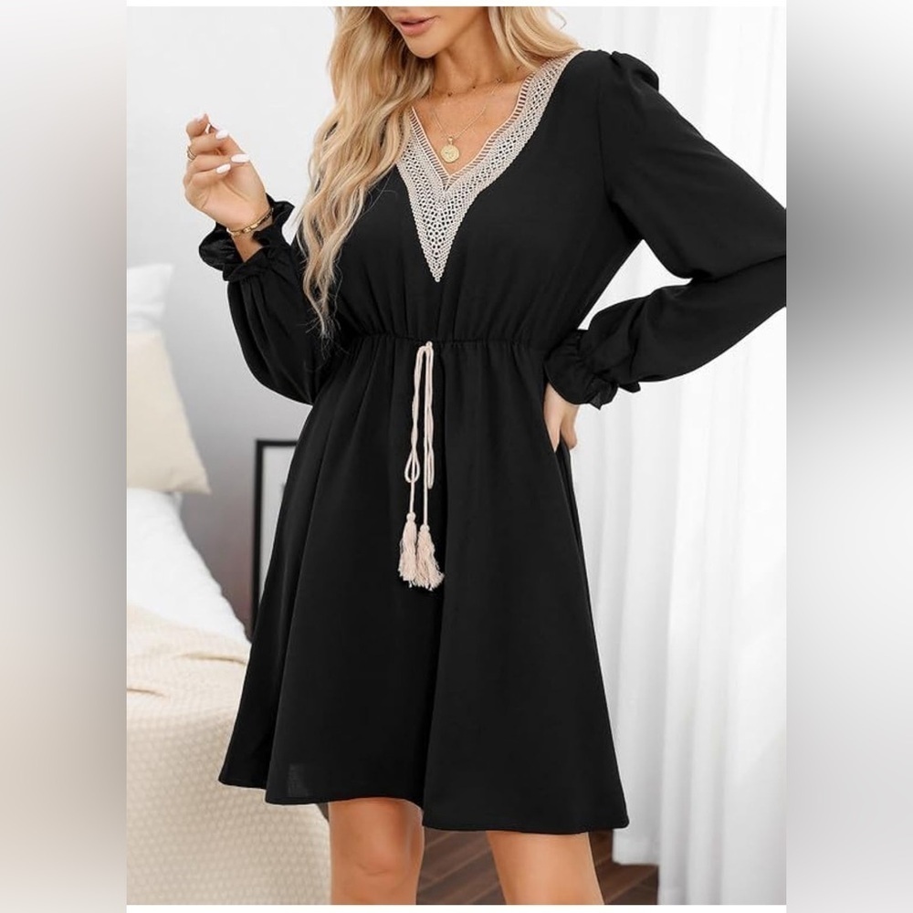 Dokotoo Womens V Neck Dresses Lantern Long Sleeve Lace Trim Midi Dress Tassel